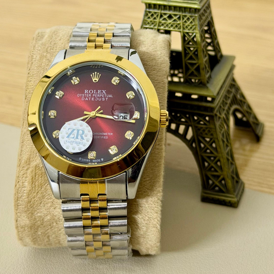 Rolex Datejust Inspired Luxury Watch – Dual Tone Gold & Silver (Green & Maroon Dial)